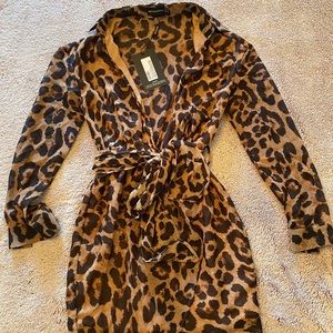 Tan Scarf Print Wrap Detail Shirt Dress